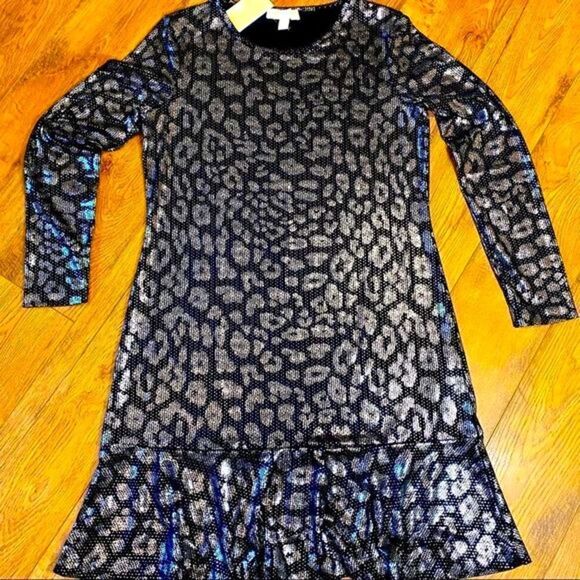 MICHAEL KORS BLACK & SILVER METALLIC LEOPARD PRINT SHIFT DRESS L NWT - Picture 4 of 16